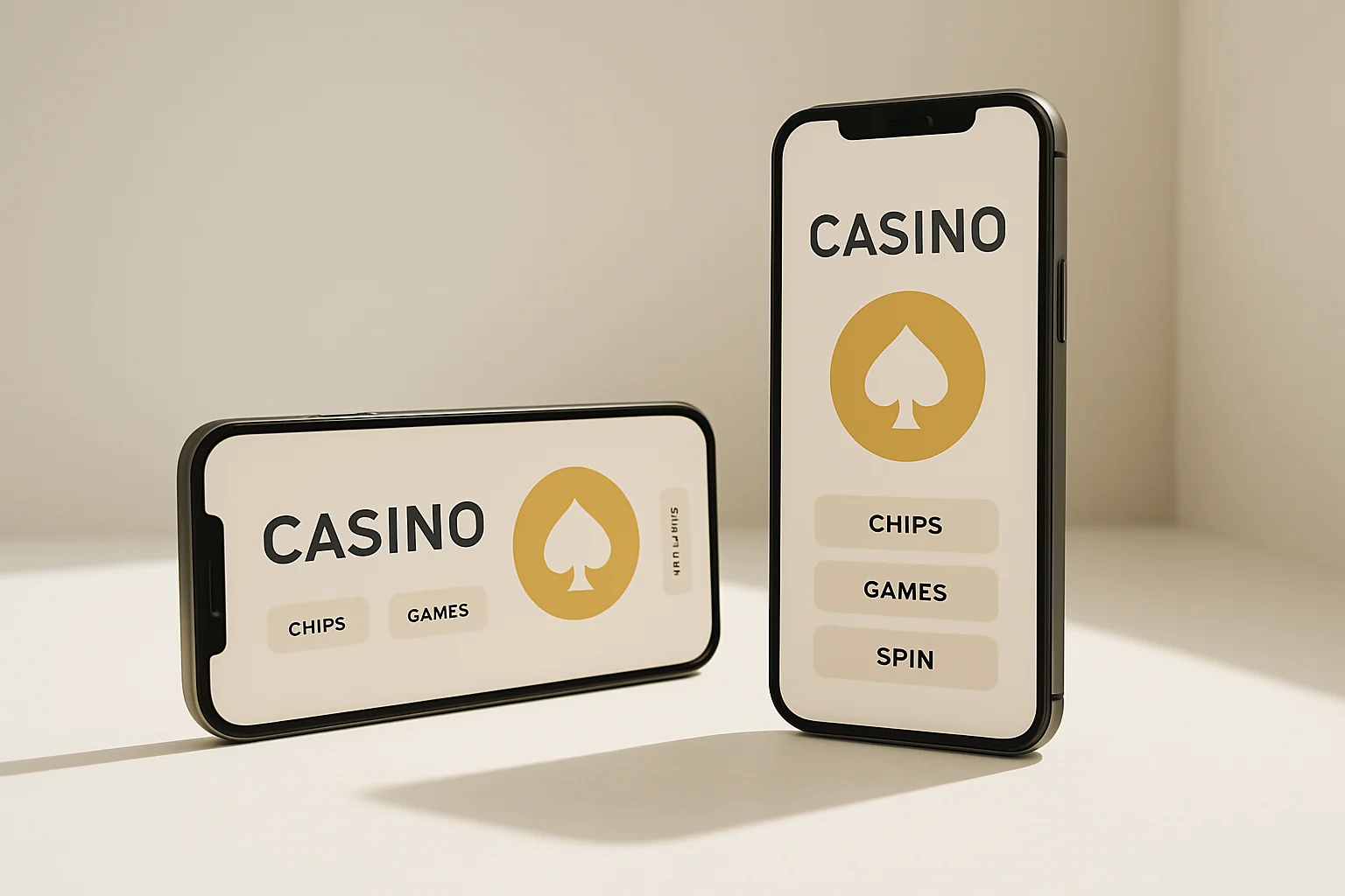 Two smartphones displaying a clean light casino app on white surface