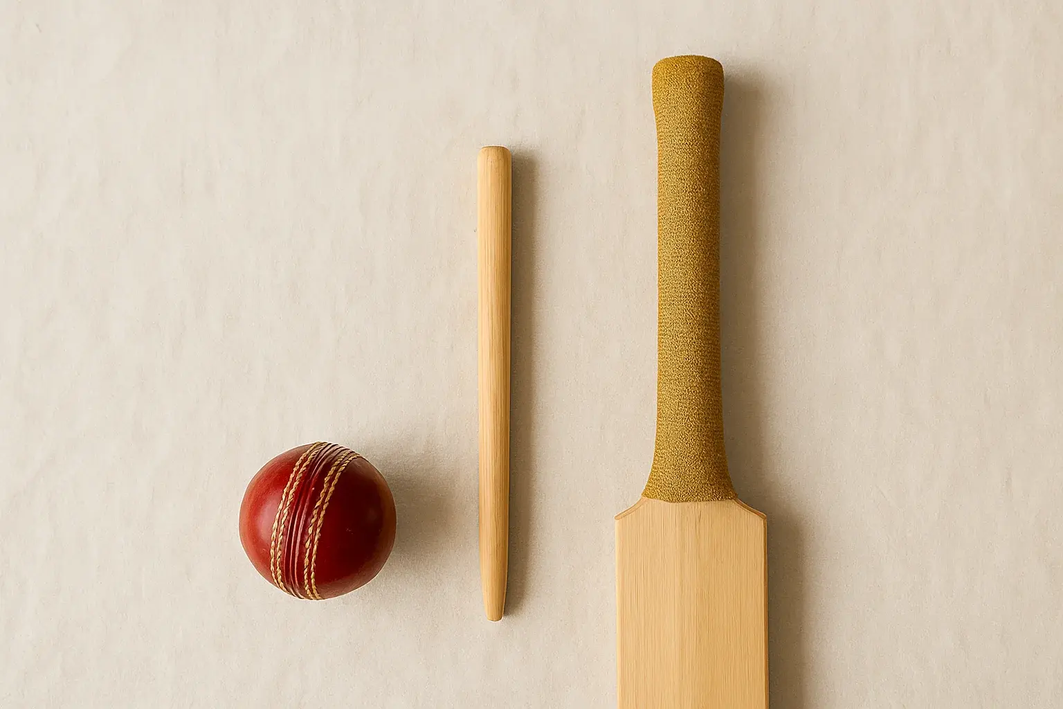 Cricket Flat Lay Overhead flat lay of cricket ball, bat handle and stump
