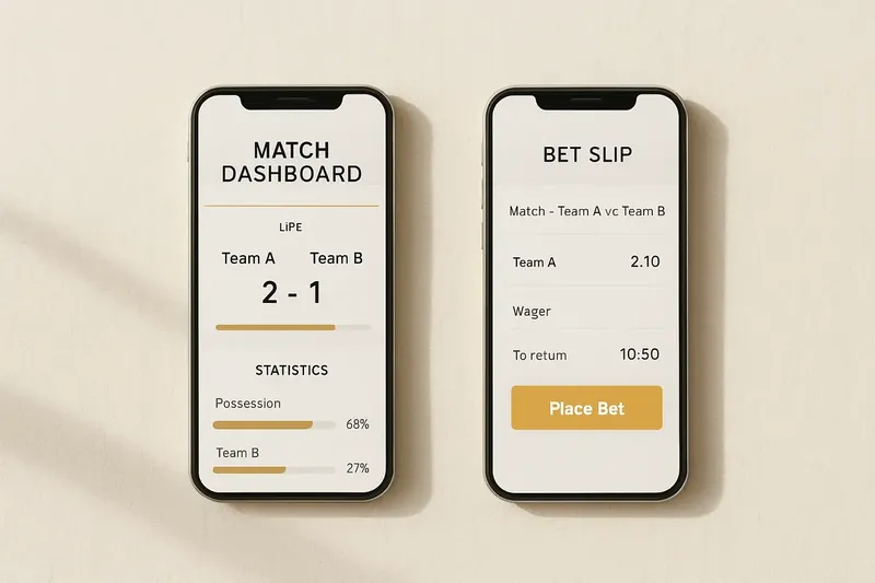 Two smartphones showing match dashboard and bet slip on cream surface