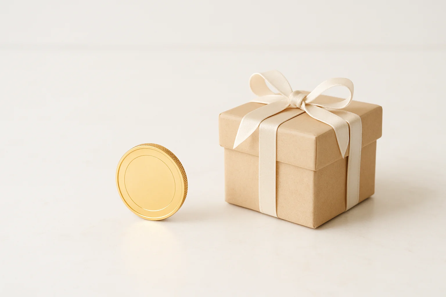 Single gold coin beside small gift box on cream marble surface