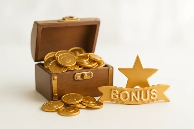 Open treasure box with gold coins, star badge and bonus ribbon
