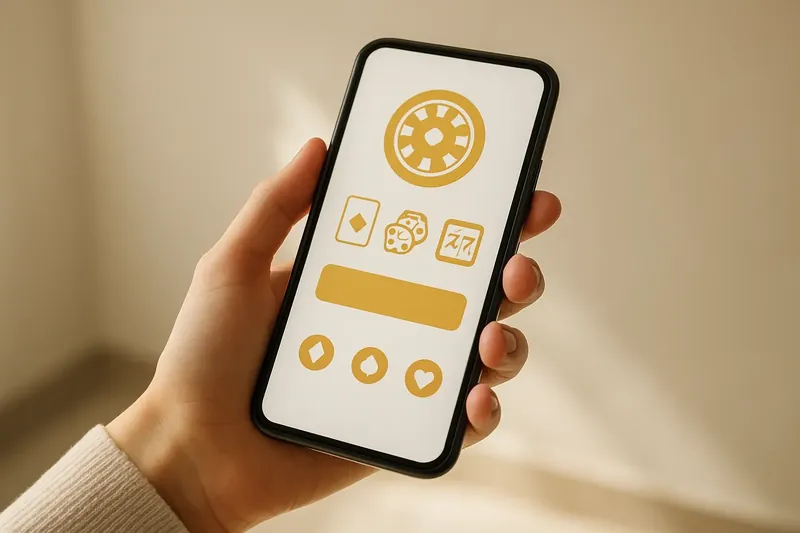 Hand holding smartphone with clean light-themed casino interface in warm lighting