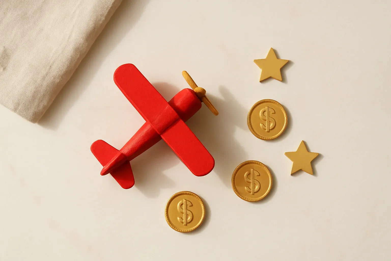 Miniature Red Airplane Miniature red airplane with gold coins and star tokens on marble
