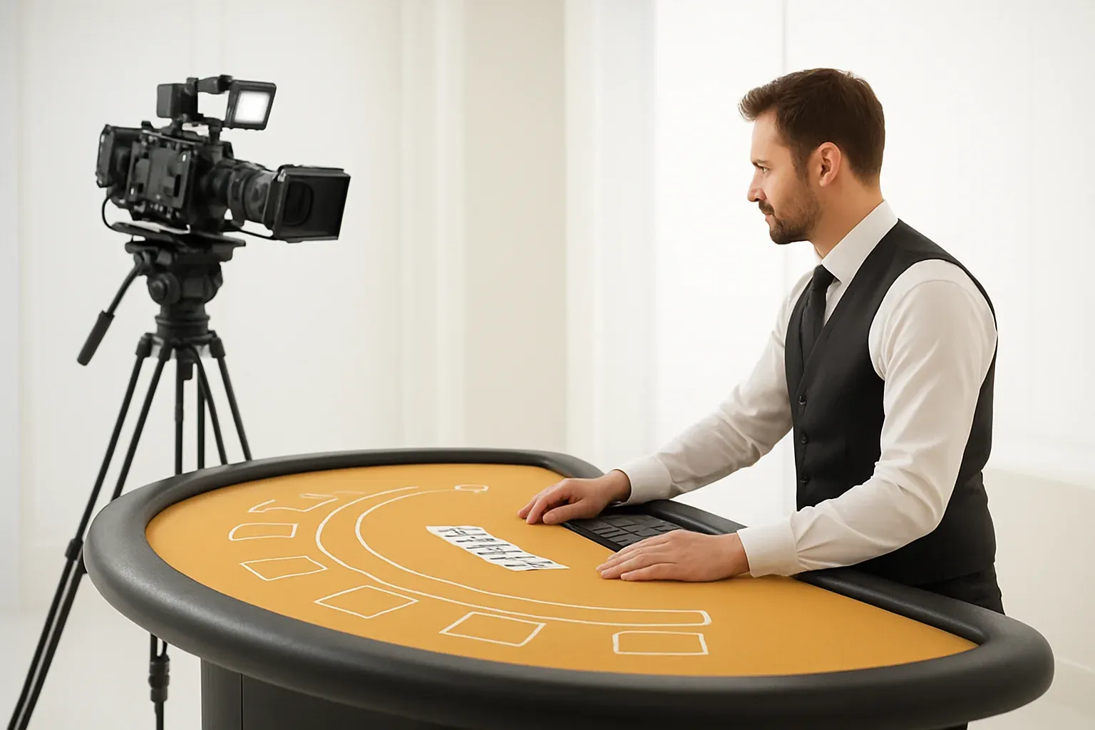 Live Casino Studio Professional dealer at blackjack table with camera rig in studio