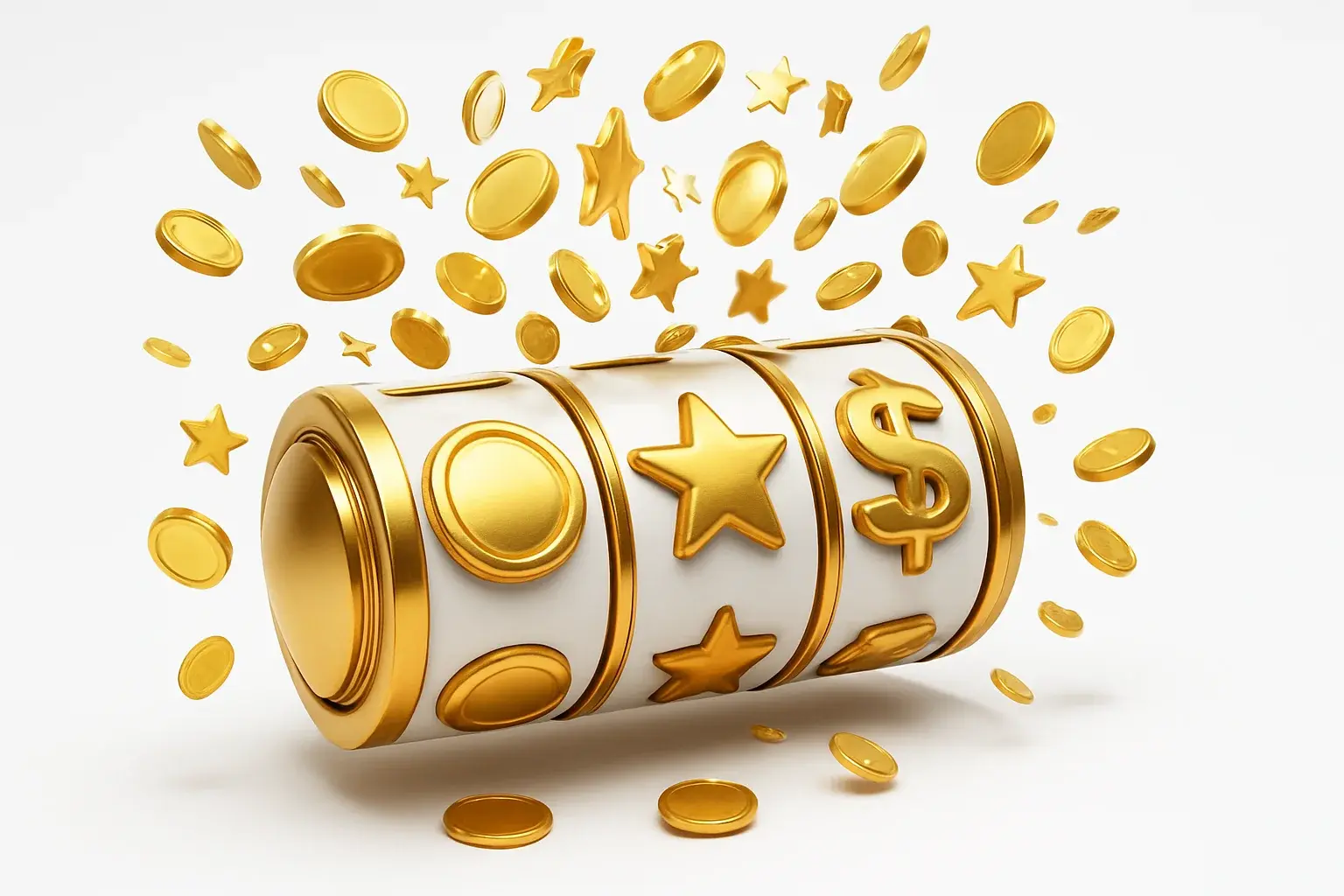 Luxury Slot Win Colorful slot machine reels with gold symbols, coins, and exploding stars
